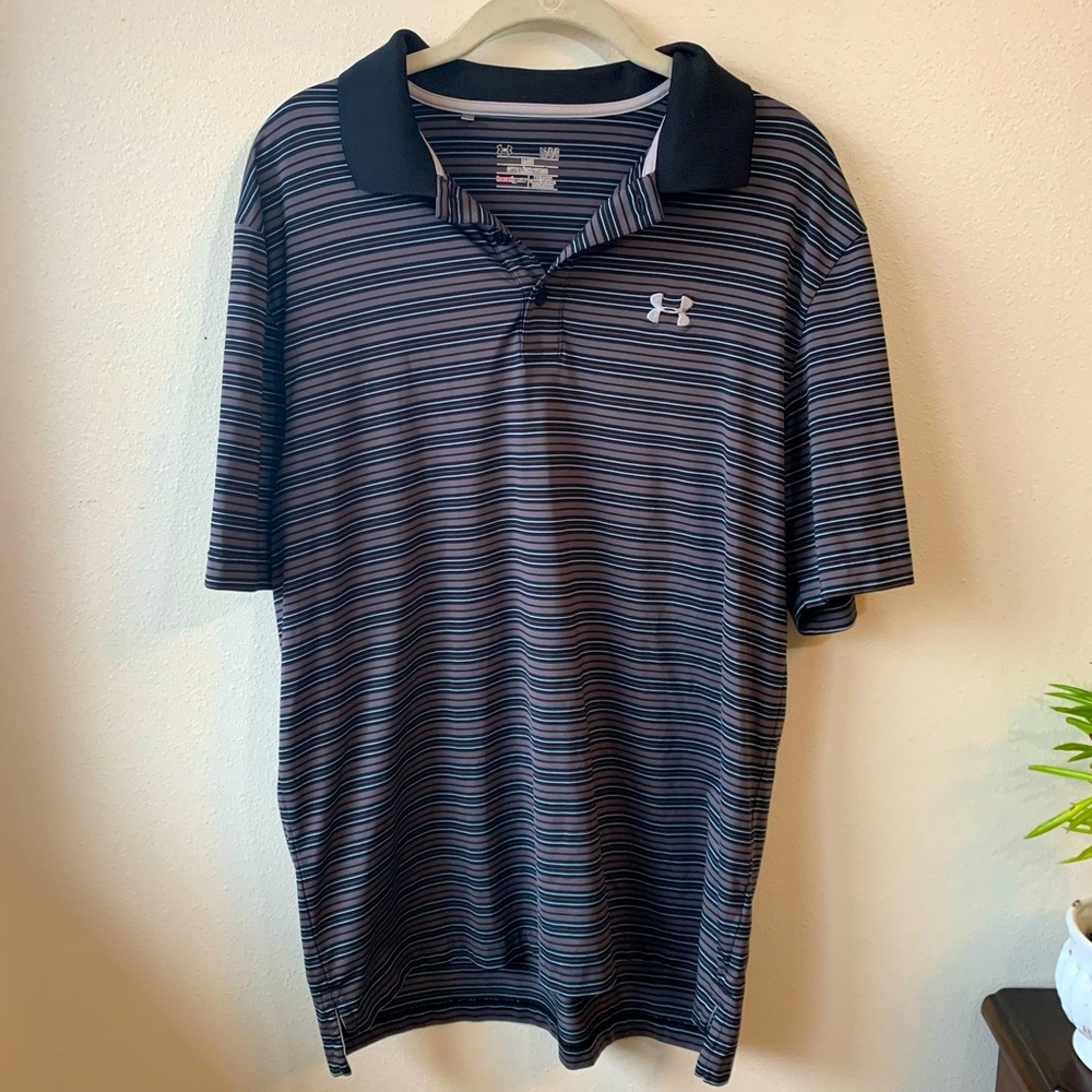 Under Armour Men’s HeatGear Large Black Gray Striped Golf Polo